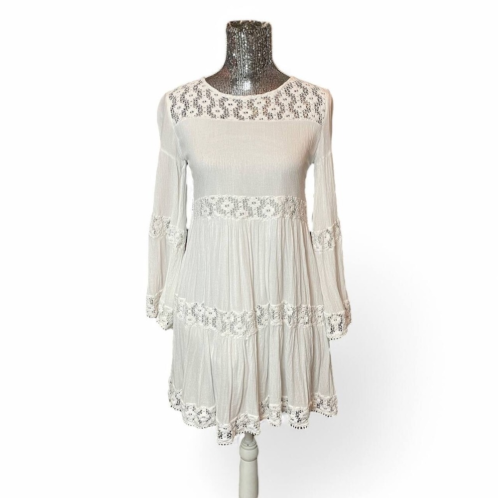 Boho Crochet Flare Sleeve Tiered Mini Dress XS/Small Romantic Peasant Summer‎